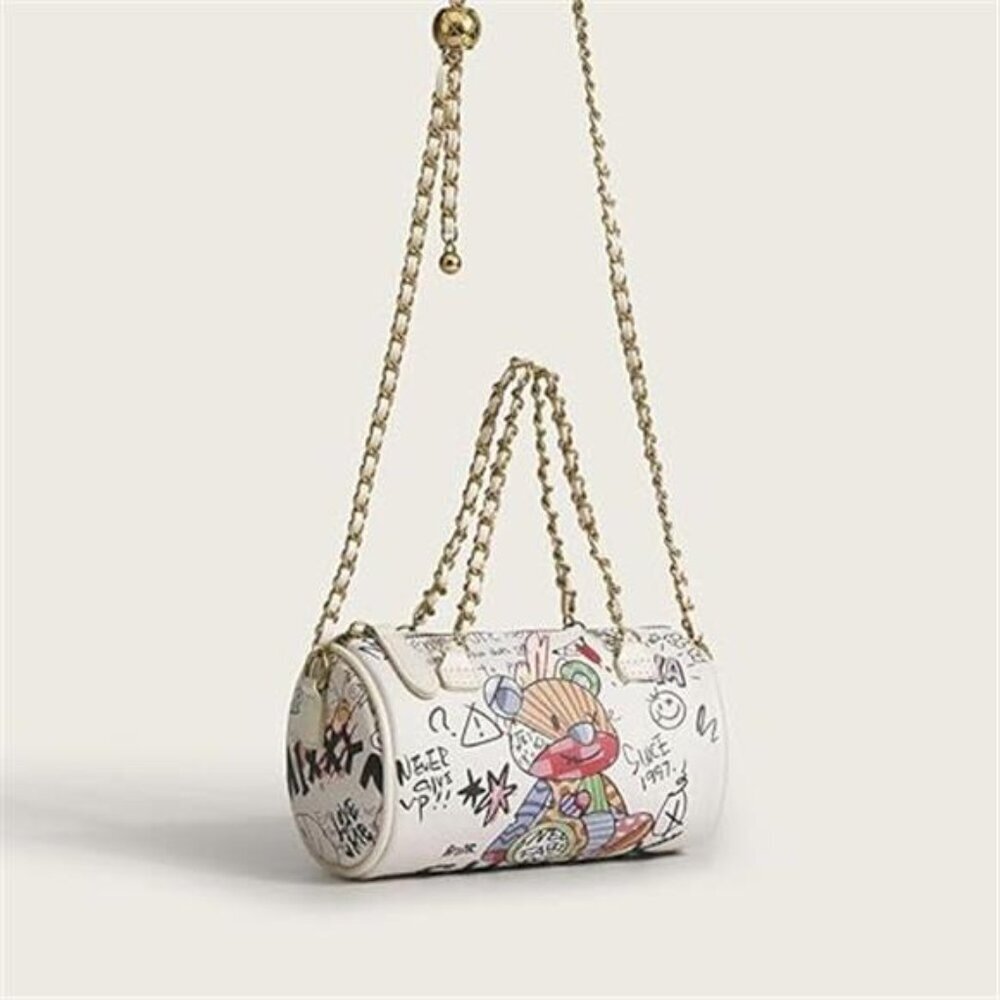 Graffiti White Vegan Leather Crossbody bag, Trendy Mini Shoulder Bag Purse - Picture 6 of 7